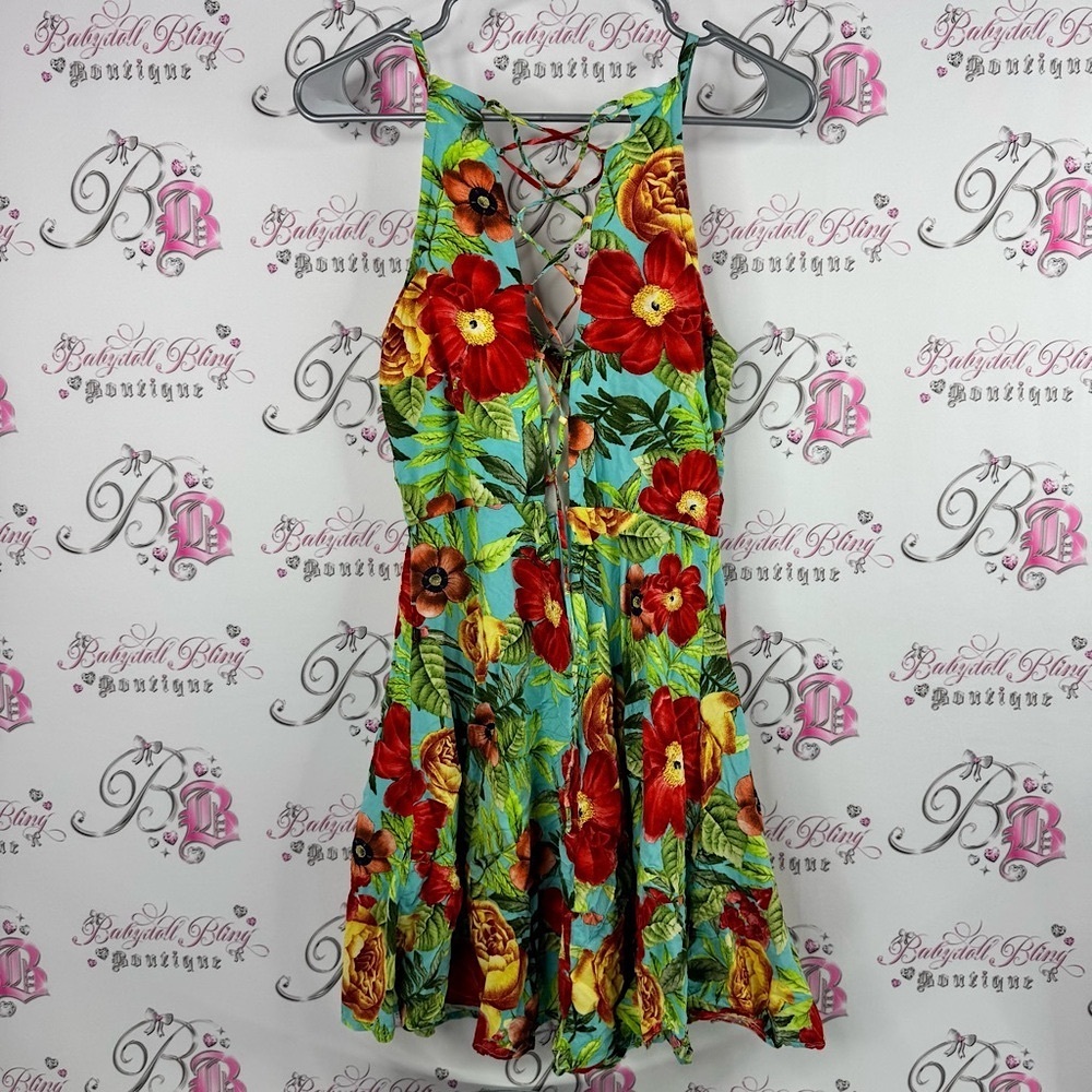 Hot pepper dress flowers strappy Floral Halter Dress with Red and Green Pattern